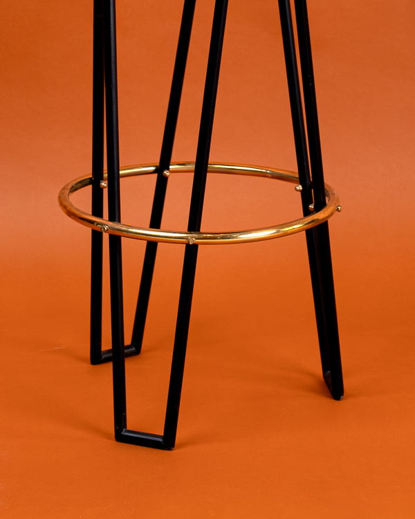 Pair of Mid-Century High Bar Stools in Black Iron, Brass, and Mustard