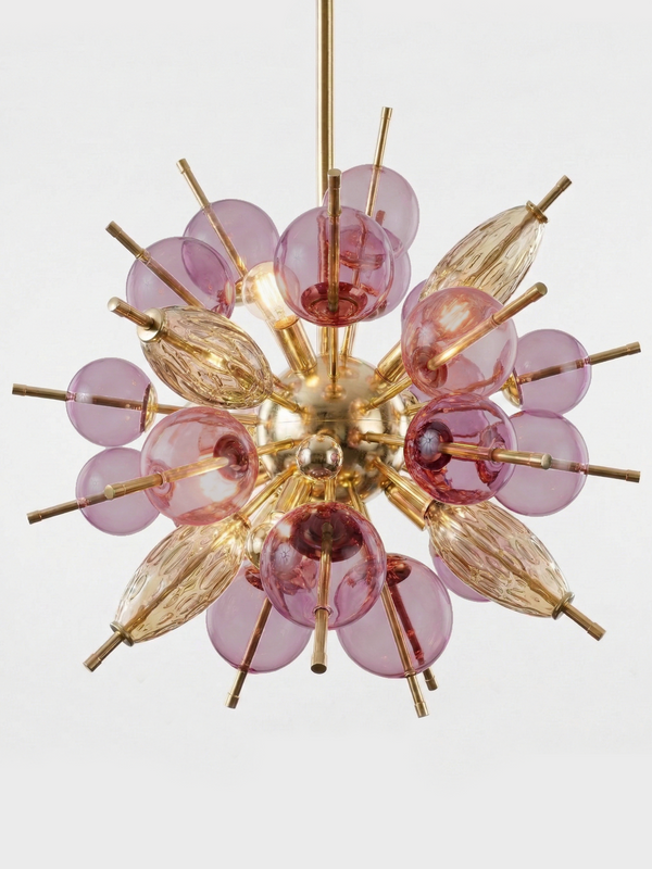 Lámpara Sputnik Burbujas Rosa y Ámbar de Cristal de Murano