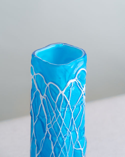 Jarrón Prismático Latticino en Cristal Azul de Murano