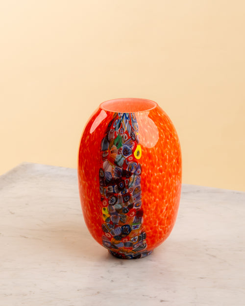 Jarrón Ovoide Millefiori de Murano Rojo Coral