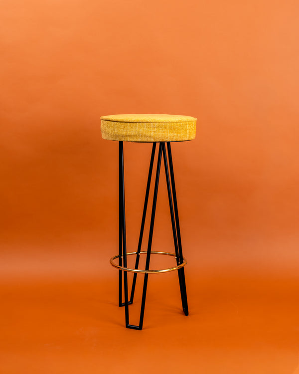 Pair of Mid-Century High Bar Stools in Black Iron, Brass, and Mustard