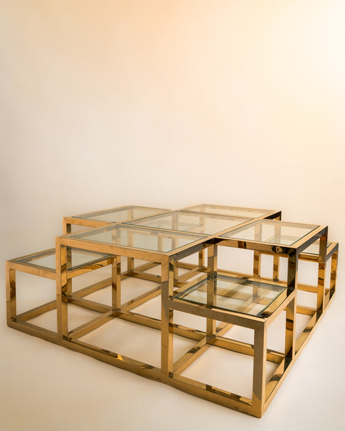 Mesa de Centro Escalonada y Modular de Latón y Cristal Templado