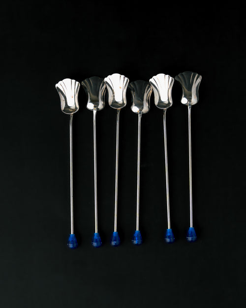 Silver-Plated and Blue Resin Cocktail Stirring Spoon Set