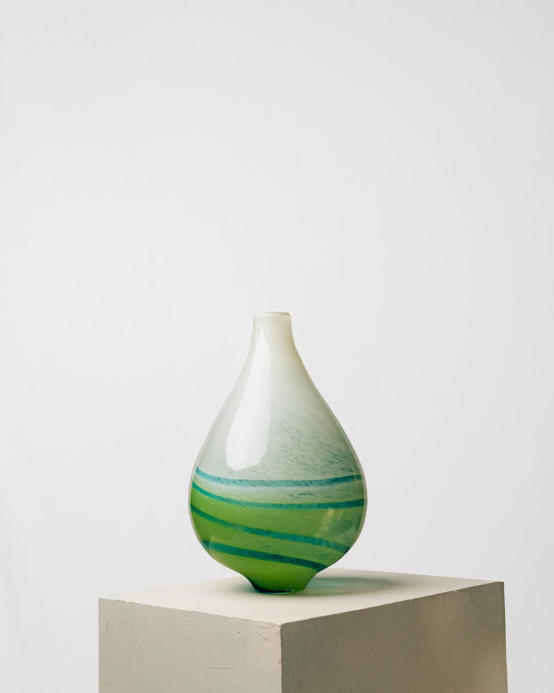 Jarrón Blanco, Verde y Rayas Azules Grande de Cristal Murano