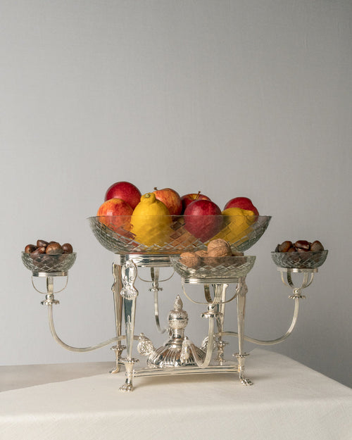 Centro de Mesa Epergne de Alpaca y Cristal Tallado