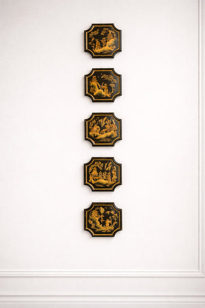 Paneles lacados negros con ilustraciones orientales en dorado pequeños (pareja)