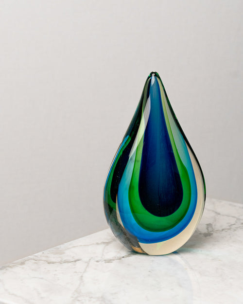 Escultura Gota Azul y Verde de Cristal de Murano