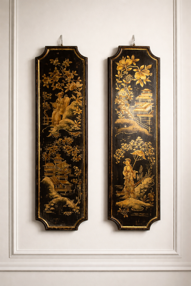 Pareja Paneles Negro Lacado Chinoserie